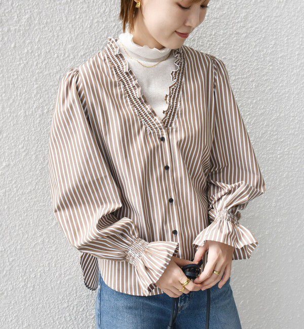 SHIPS for women「【WEB限定】〈手洗い可能〉 シャーリング Vネック 長袖 ブラウス」|シャツ・ブラウス|