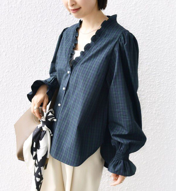 SHIPS for women「【WEB限定】〈手洗い可能〉 シャーリング Vネック 長袖 ブラウス」|シャツ・ブラウス|