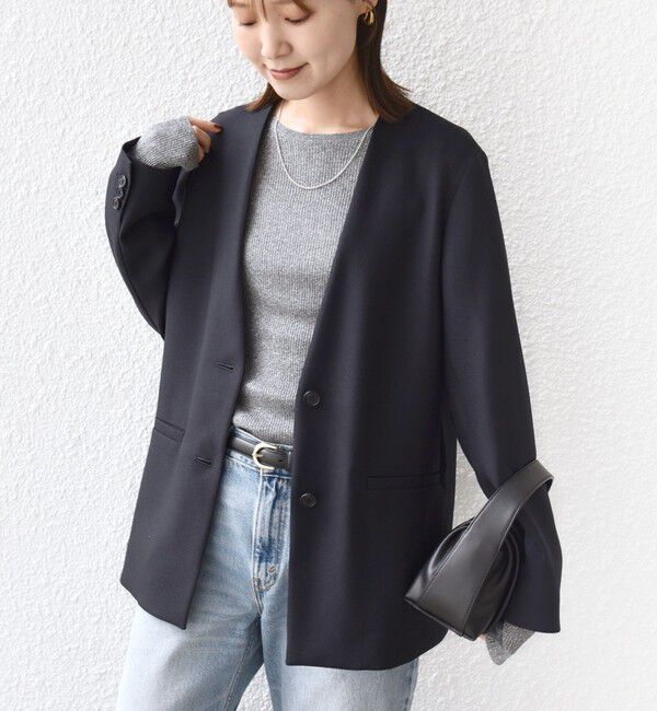 SHIPS for women「〈手洗い可能〉TUMUGITO(R) シャーク ツイード カラーレス ジャケット」|ノーカラージャケット|ネイビー