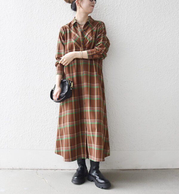 SHIPS any「SHIPS any:〈洗濯機可能〉チェック Aライン フレア シャツ ワンピース」|ワンピース|ブラウン