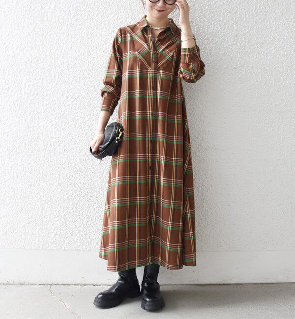 SHIPS any「SHIPS any:〈洗濯機可能〉チェック Aライン フレア シャツ ワンピース」|ワンピース|