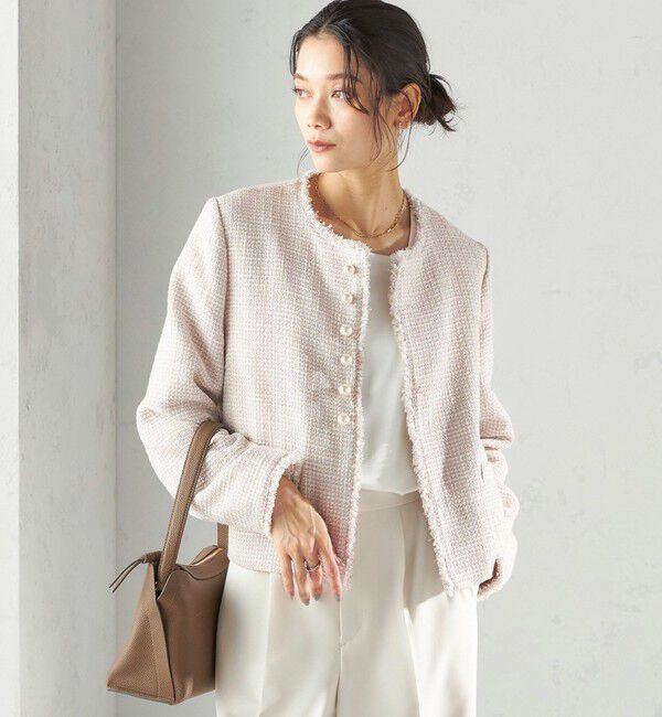 SHIPS for women「トライスピン 杢 ツイード パール モチーフ ボタン ジャケット（セレモニー対応可）」|ノーカラージャケット|
