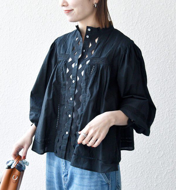 SHIPS any「SHIPS any:〈洗濯機可能〉キャンブリック スタンドカラー レース シャツ ブラウス」|シャツ・ブラウス|