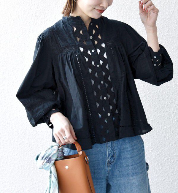 SHIPS any「SHIPS any:〈洗濯機可能〉キャンブリック スタンドカラー レース シャツ ブラウス」|シャツ・ブラウス|