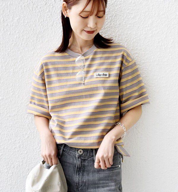 SHIPS for women「【WEB限定】マルチ ボーダー 5分袖 TEE」|Tシャツ・カットソー|ライトグレー