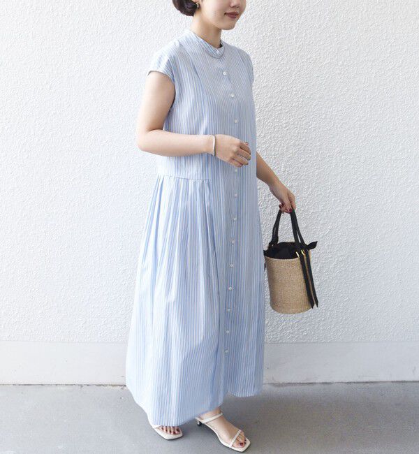 SHIPS for women「《予約》【WEB限定】〈手洗い可能〉ストライプ サイド タック ワンピース」|ワンピース|ライトブルー