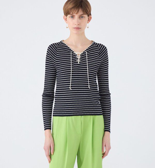 Ballsey「ランダムリブボーダー レースアッププルオーバー」|ニット・セーター|