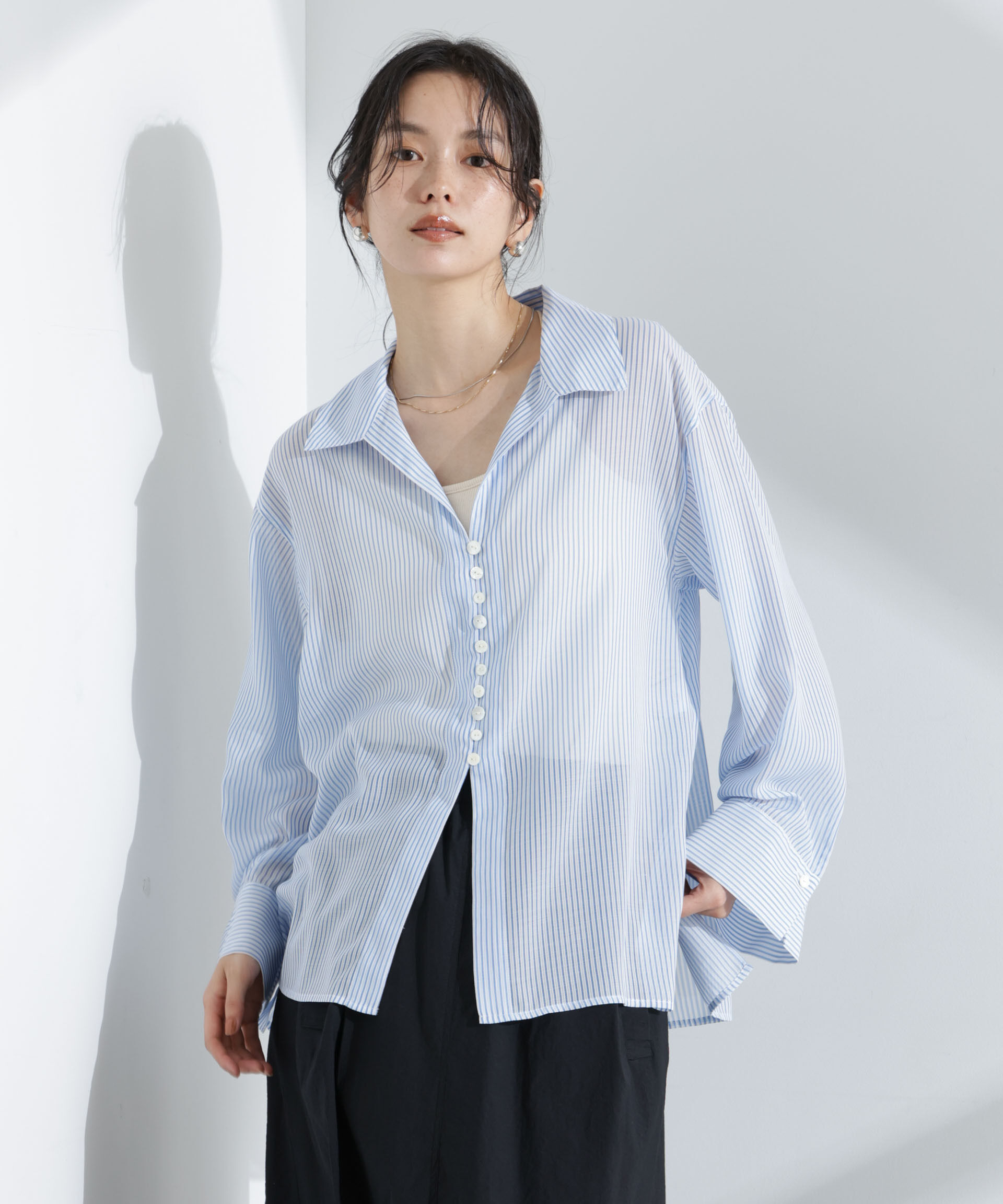 nano･universe「マルチボタンシアーストライプシャツ(セットアップ可)」|シャツ・ブラウス|