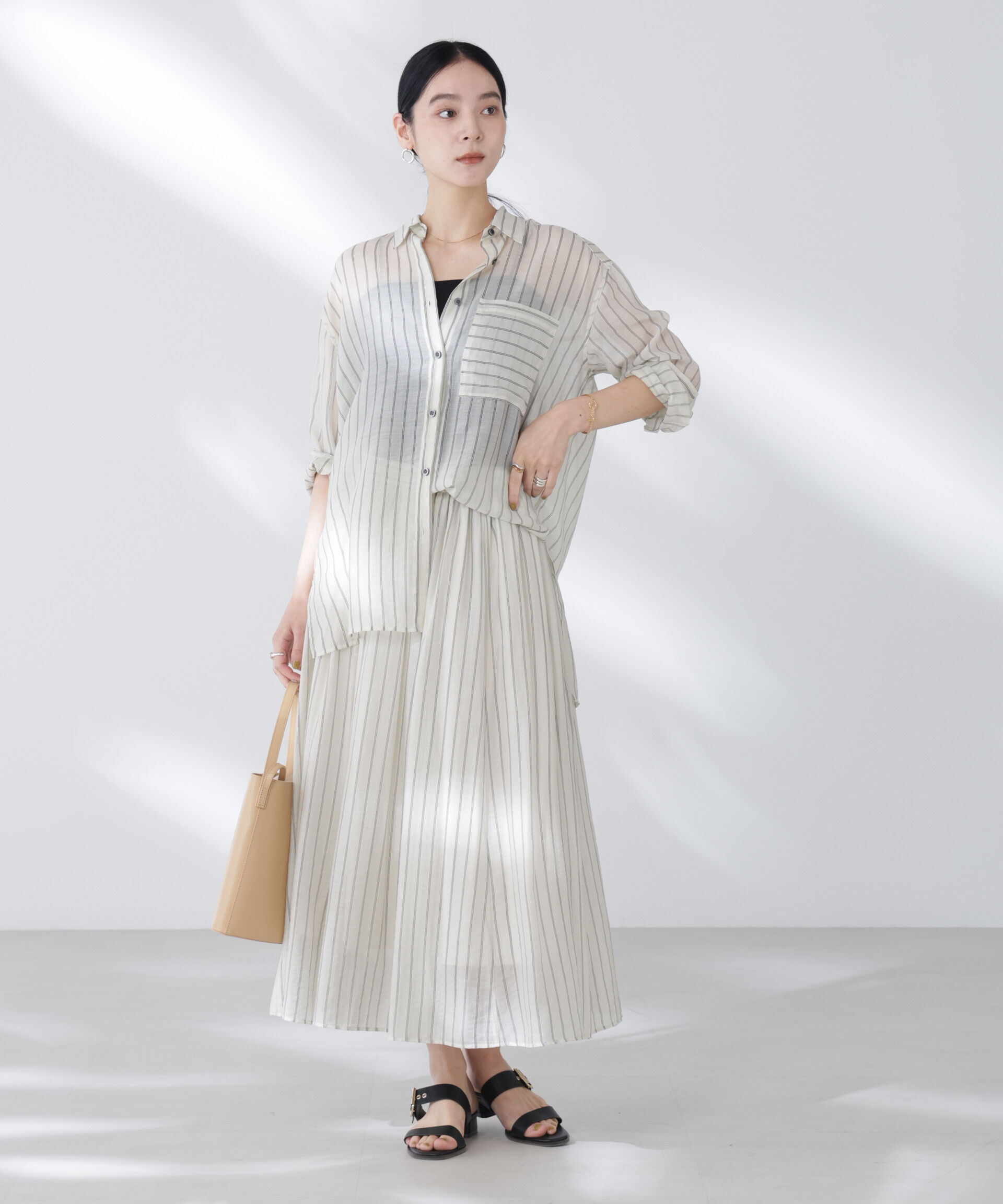 nano･universe「シアーストライプギャザーフレアスカート(セットアップ可)」|スカート|