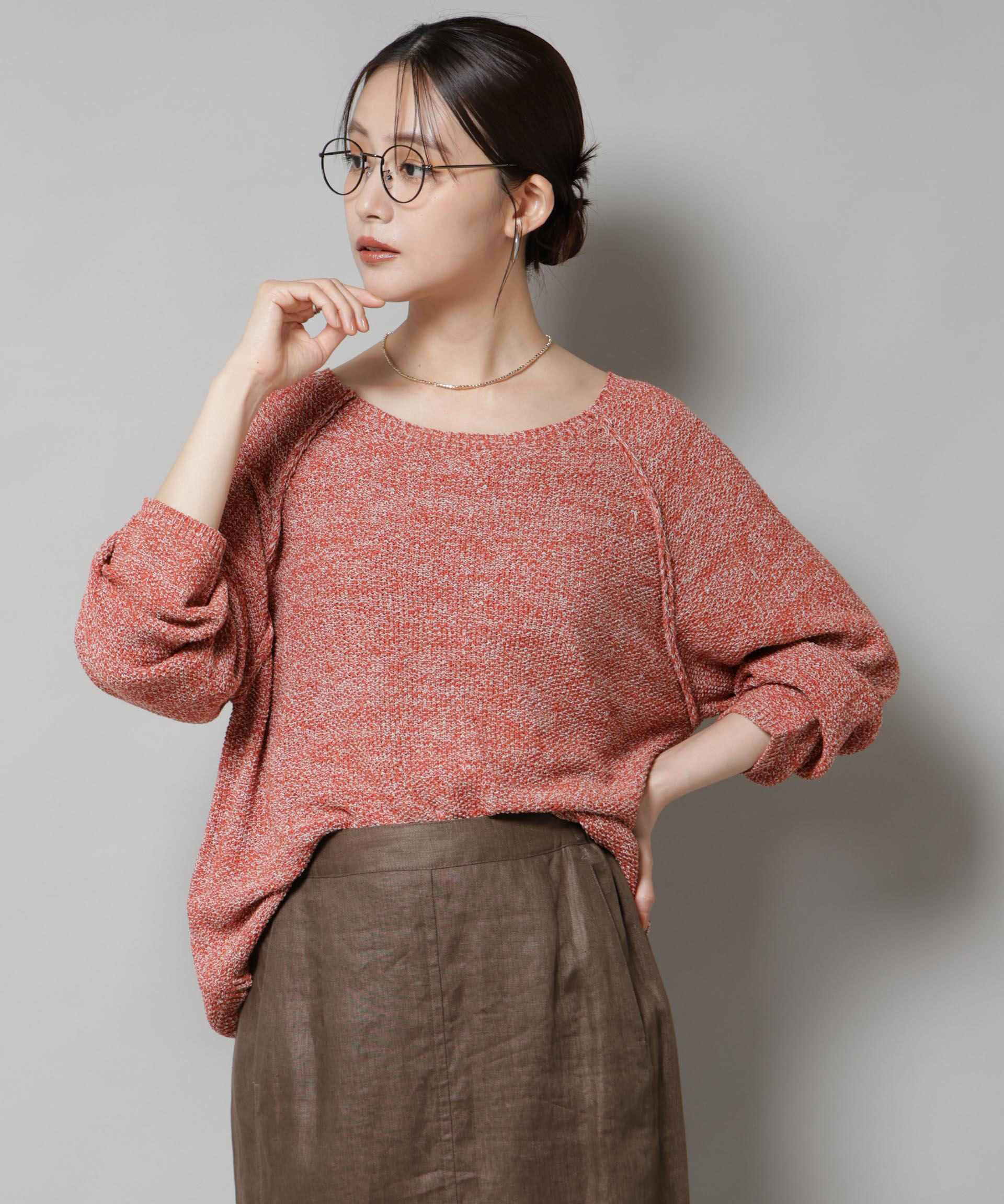 nano･universe「メランジクルーネックニット」|ニット・セーター|オレンジ