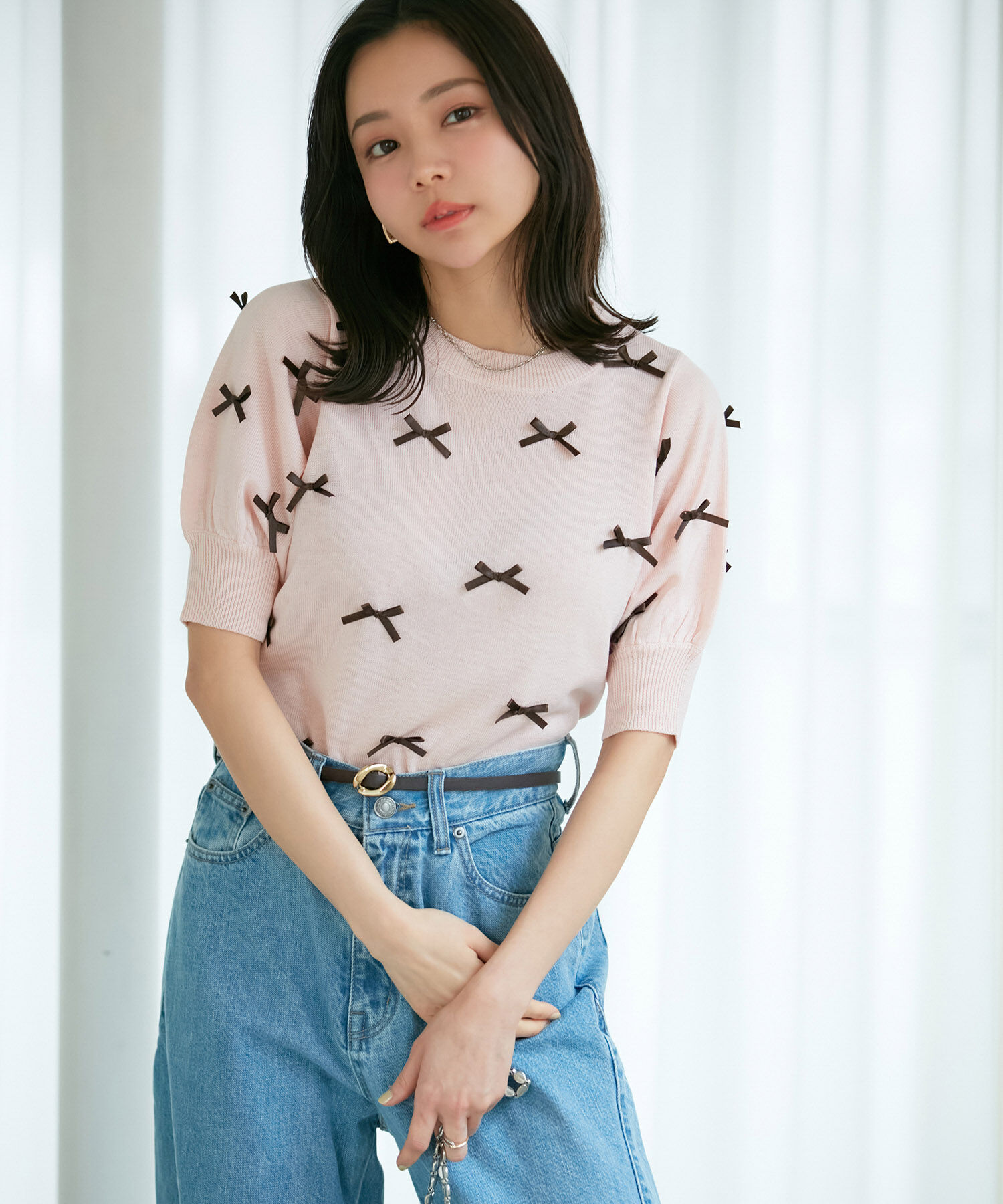 VIS「【WEB限定】リボンハーフスリーブニット」|ニット・セーター|