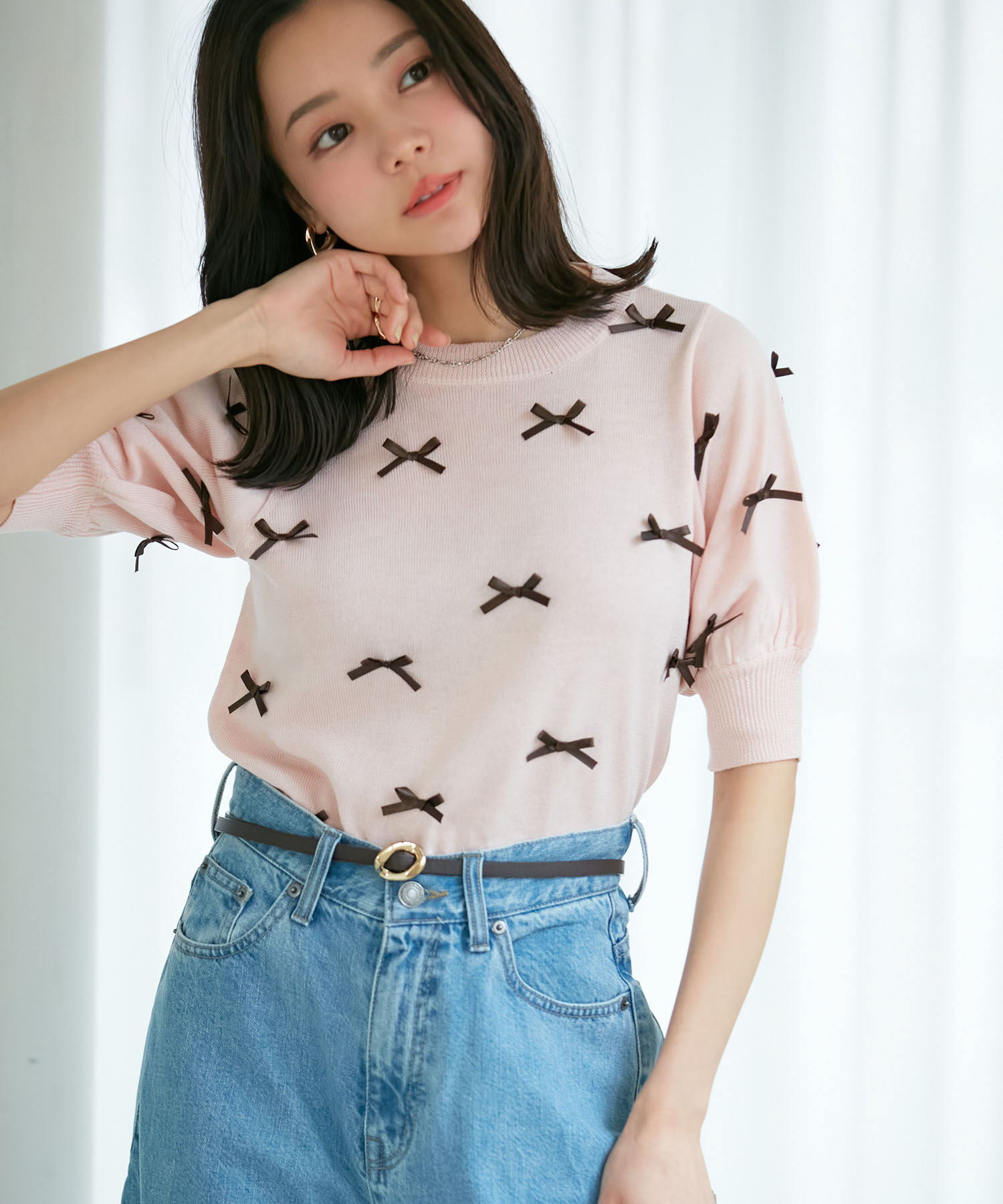 VIS「【WEB限定】リボンハーフスリーブニット」|ニット・セーター|ピンク(63)