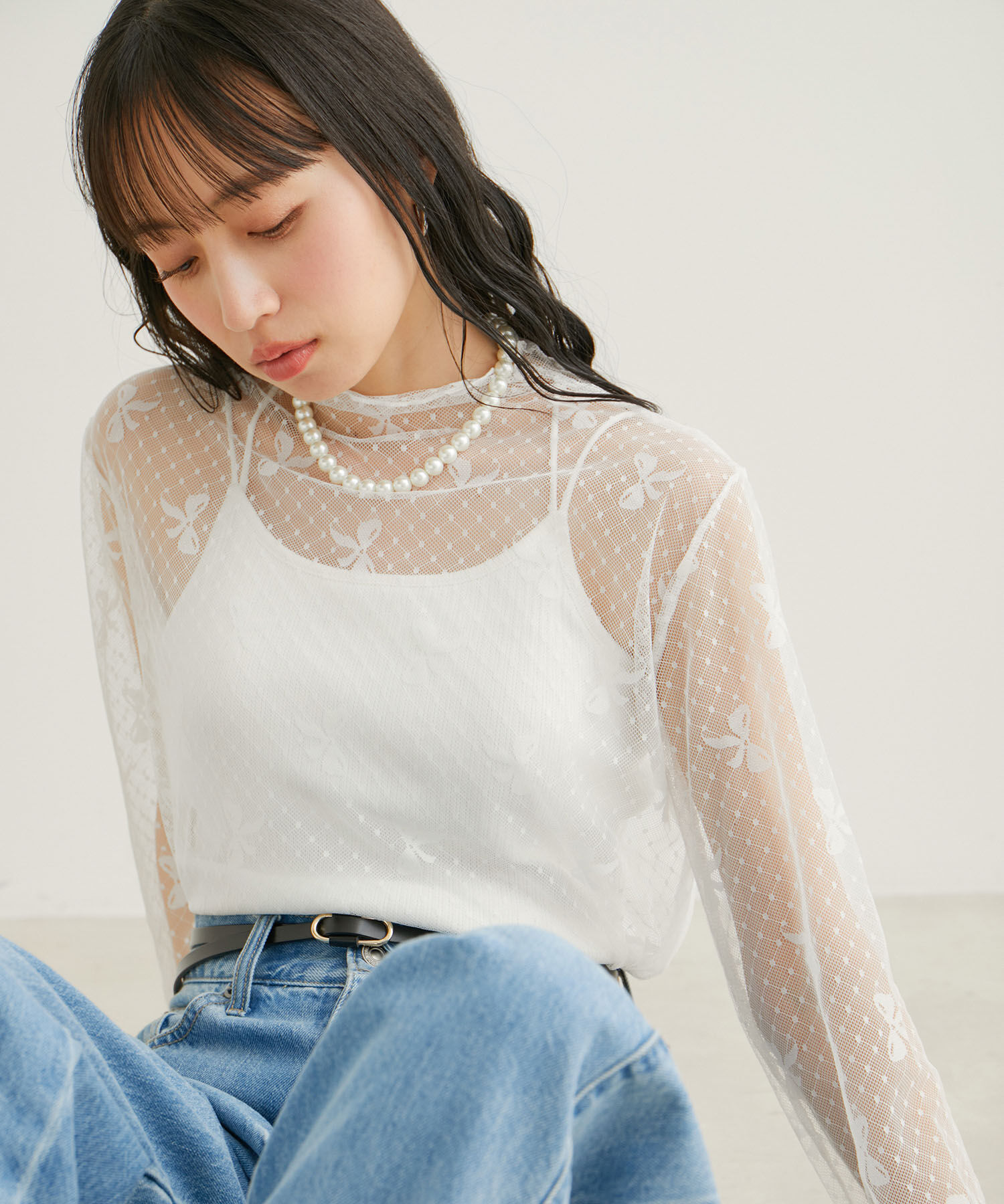 VIS「【WEB/一部店舗限定】リボンモチーフチュールプルオーバー」|Tシャツ・カットソー|