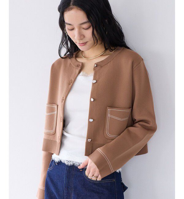VIS「ステッチワークニットジャケット」|カーディガン|キャメル(25)