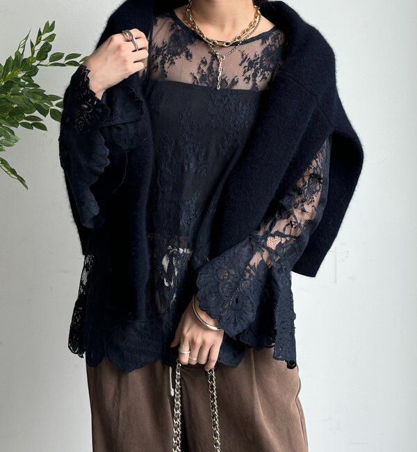  「レースフレアブラウス」|シャツ・ブラウス|ネイビー