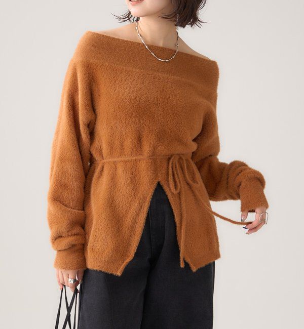  「ミンクライクワイドネックニット」|ニット・セーター|キャメル