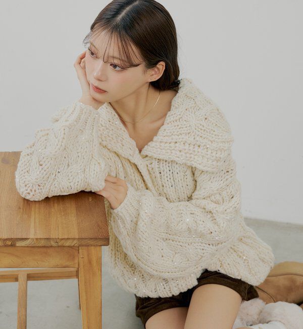  「スパンコールケーブルルーズカーディガン」|カーディガン|アイボリー