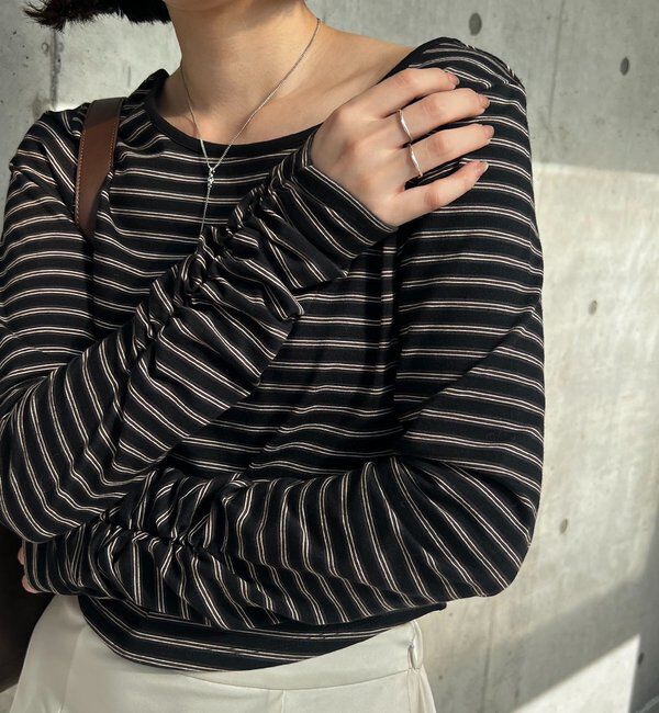  「バックUネッククロップボーダーTシャツ」|Tシャツ・カットソー|ブラック