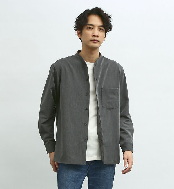 ABAHOUSE「【変形襟】シャンブレーツイル カラーレス シャツ / バンドカラーシャツ」|シャツ・ブラウス|チャコールグレー