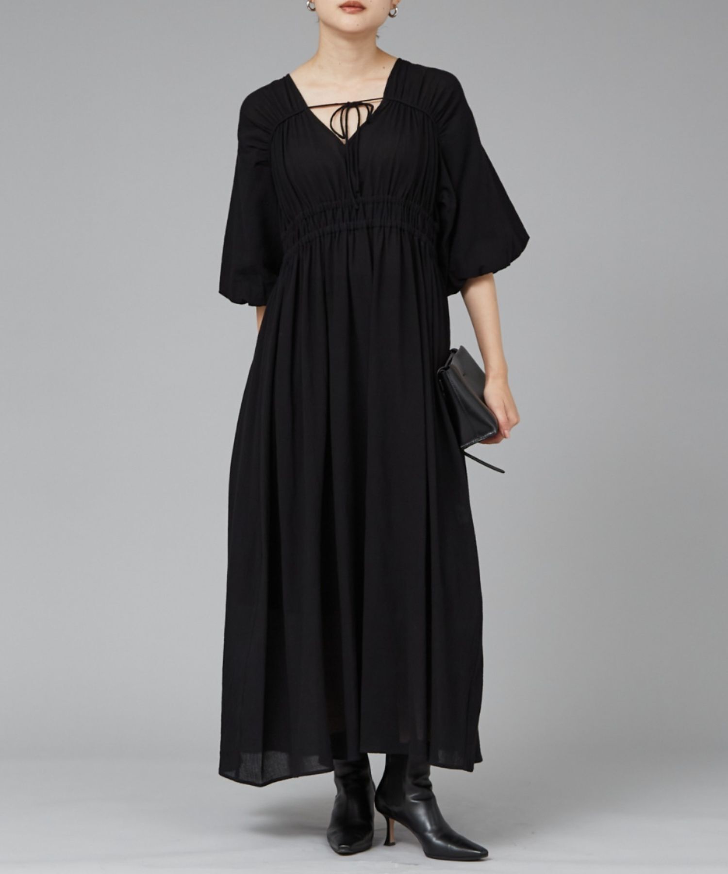 qualite「ウェストギャザーワンピース」|ワンピース|ブラック