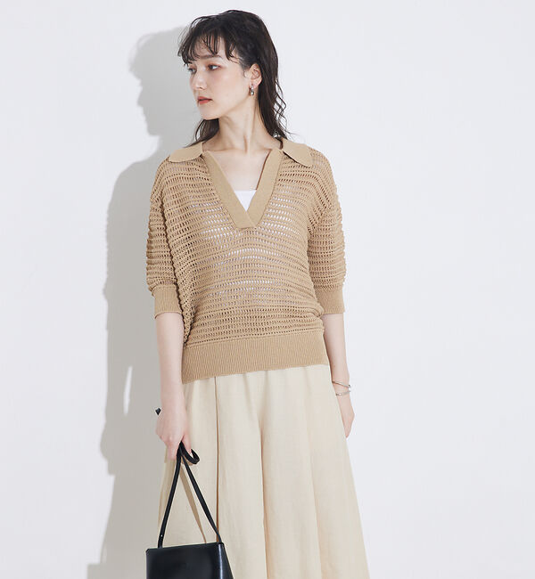 qualite「ガーターポロ襟ニット」|ニット・セーター|ベージュ
