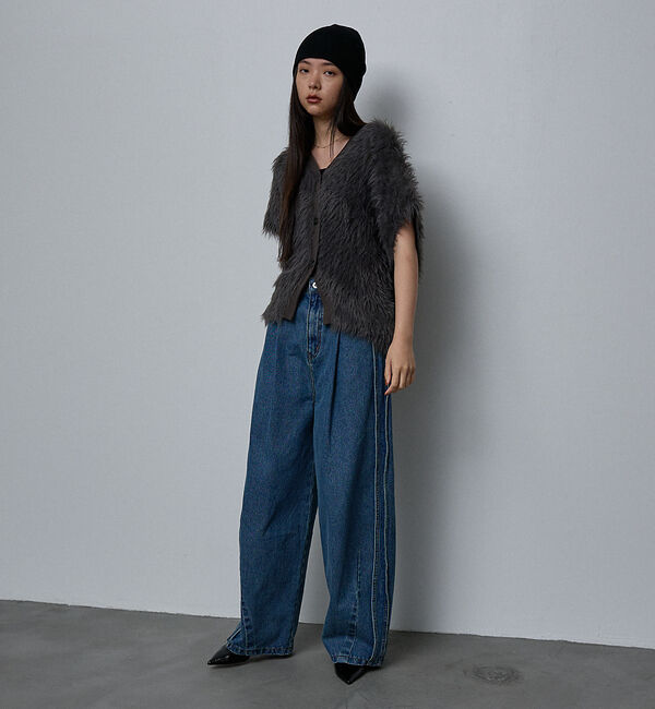 NOMINE「ロング フェザー ニットベスト カーディガン」|ベスト・ジレ|