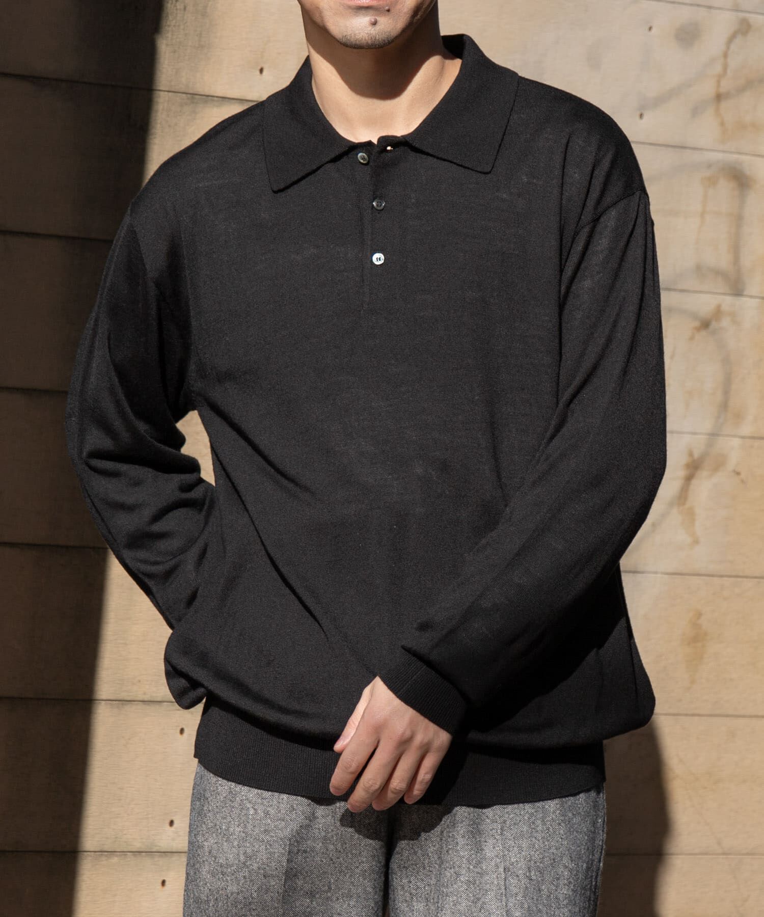 URBAN RESEARCH ROSSO「イタリア糸メリノウールニットポロシャツ」|ニット・セーター|ブラック