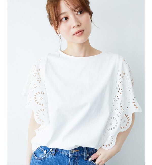  「《手洗い可能》スカラップレーススリーブカットソー」|Tシャツ・カットソー|