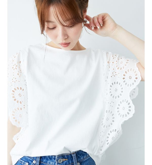  「《手洗い可能》スカラップレーススリーブカットソー」|Tシャツ・カットソー|