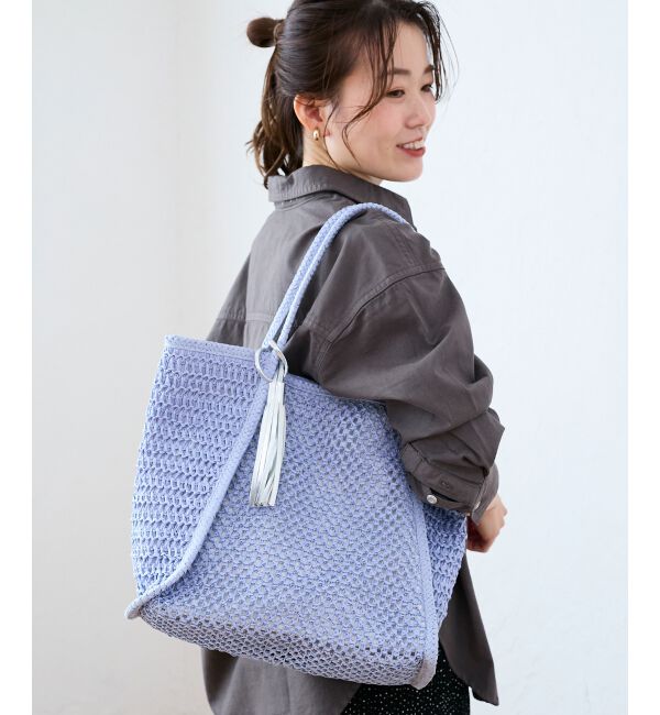  「透かし編みペーパートート」|トートバッグ|サックス