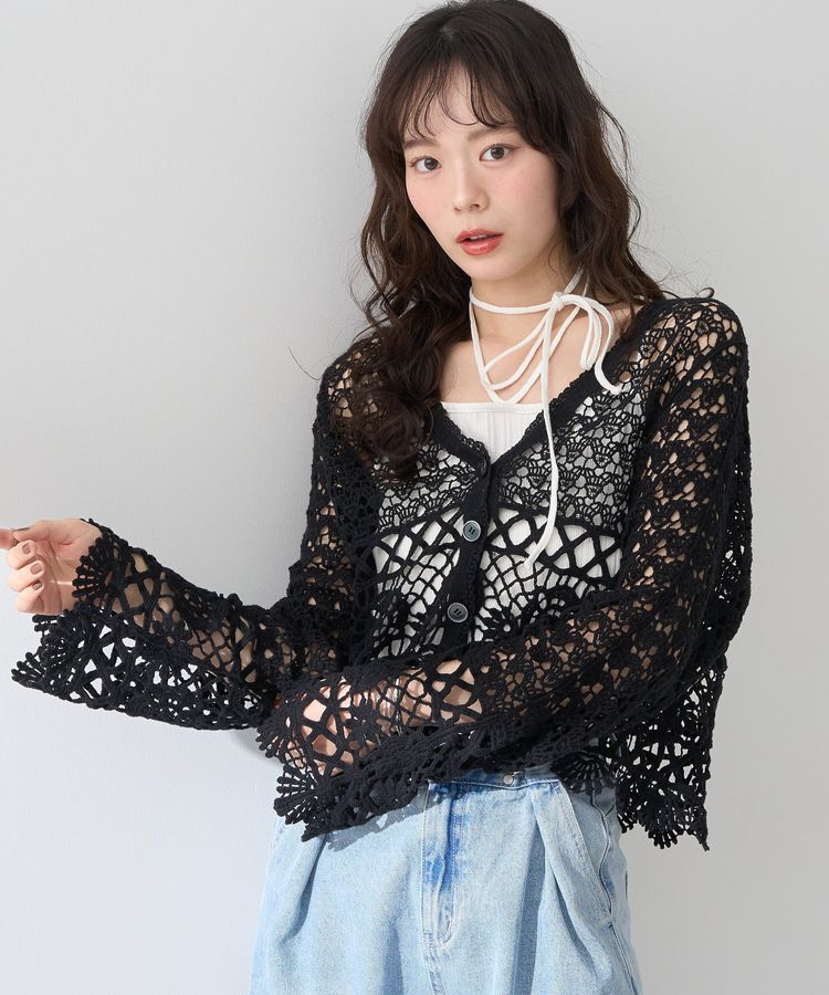 earth music&ecology「クロシェ風Vネックカーディガン」|カーディガン|Black