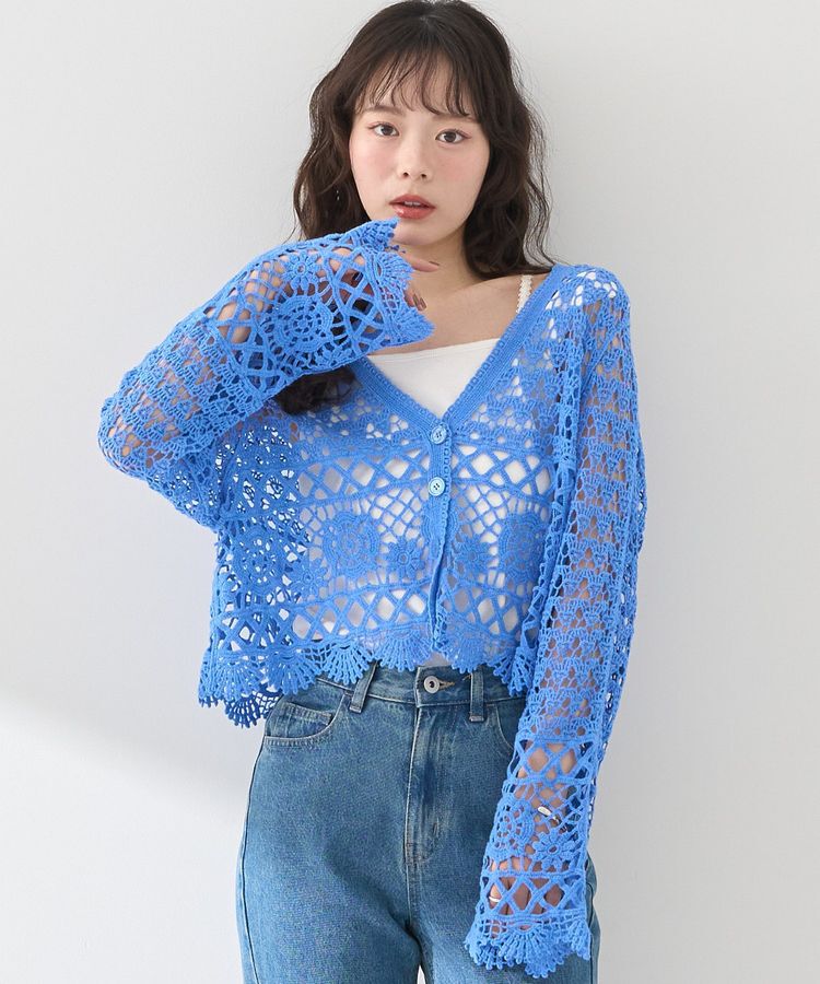 earth music&ecology「クロシェ風Vネックカーディガン」|カーディガン|Blue