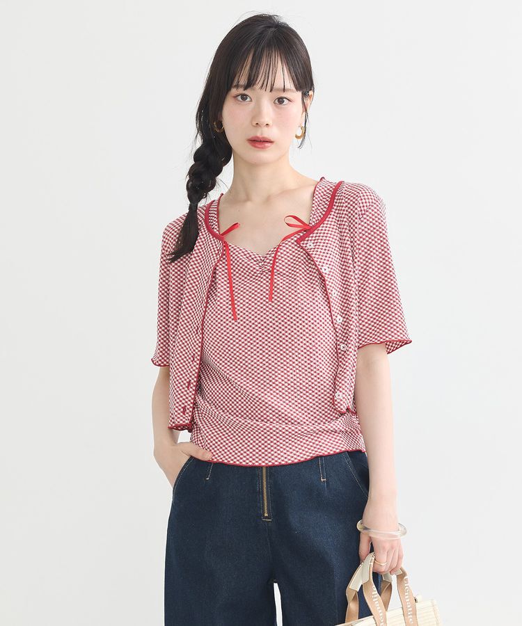 earth music&ecology「SET2点ギンガムメロ-カーデ＋リボンタンク」|カーディガン|