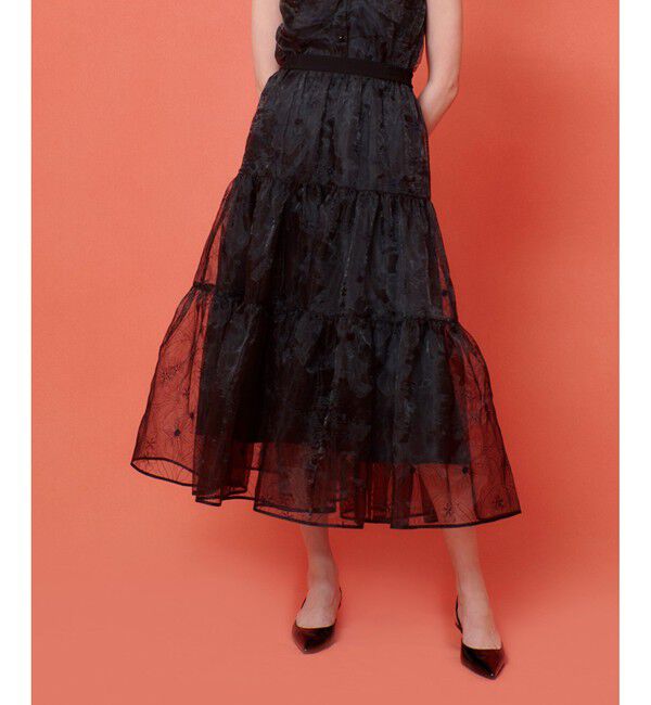 LOULOU WILLOUGHBY「【LOULOU WILLOUGHBY】オーガンジーフラワー刺繍スカート」|スカート|ブラック