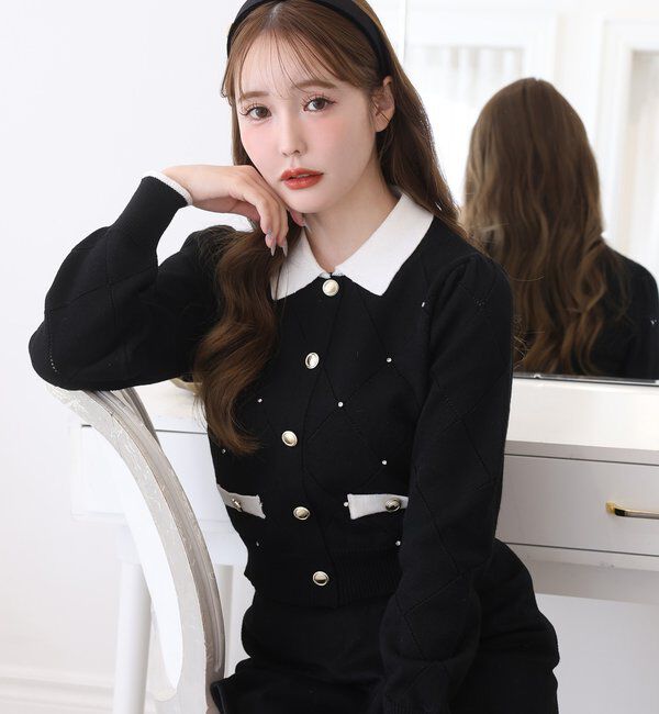  「配色ビジュー付ポロニット」|ニット・セーター|ブラック