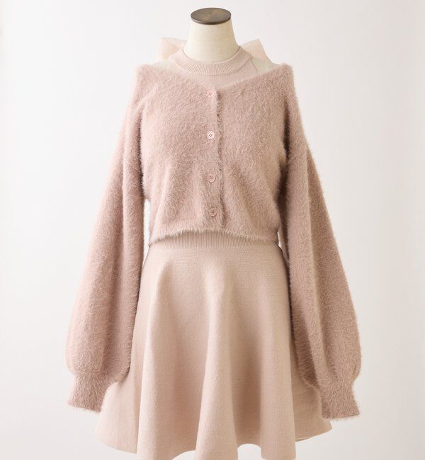  「2wayフェザーカーデSET後ろリボンニットミニワンピ」|ワンピース|