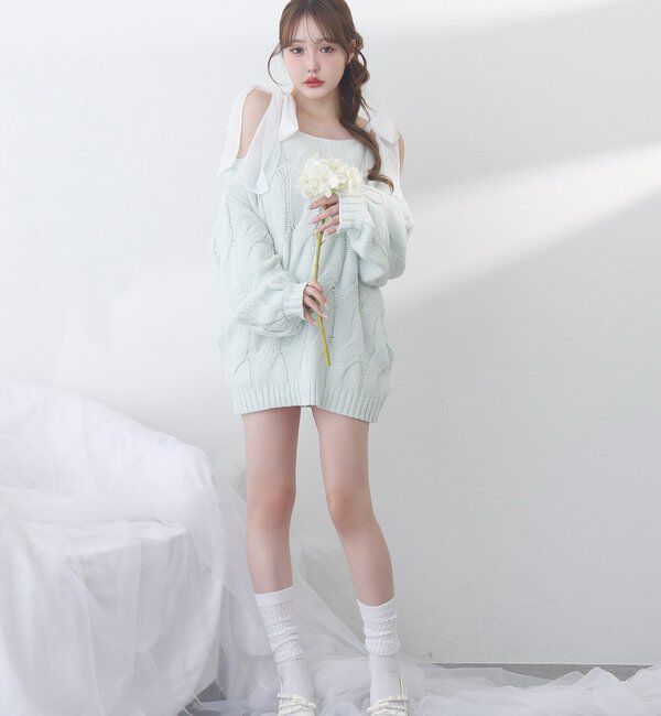  「ミルキーパレットニットミニワンピ／肩リボン取り外し可」|ワンピース|