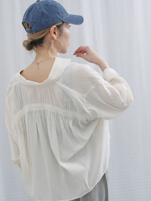 Samansa Mos2 blue「ショート丈シャーリングブラウス」|シャツ・ブラウス|