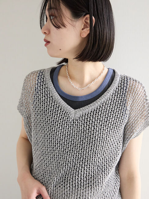 Samansa Mos2 blue「メランジラメメッシュニットベスト」|ニット・セーター|グレー