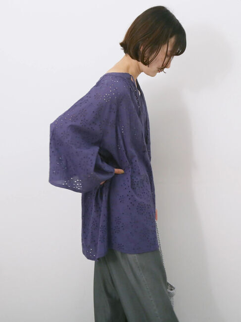 Samansa Mos2 blue「【Made in India】タッセル付ギャザーレースブラウス」|シャツ・ブラウス|