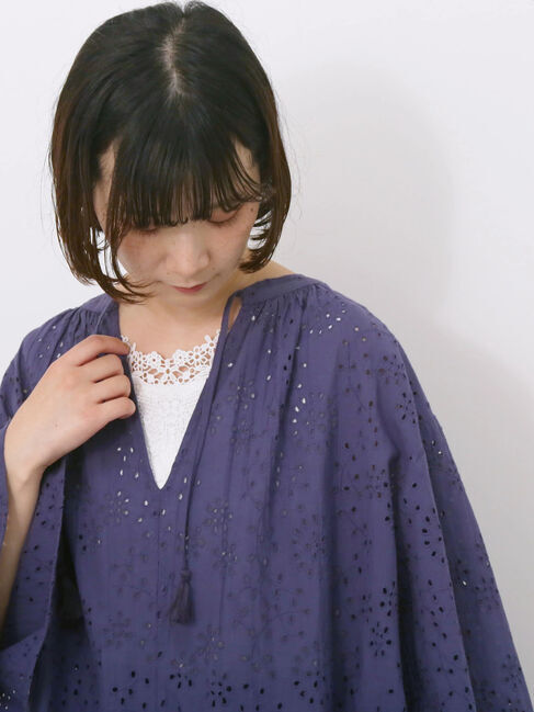 Samansa Mos2 blue「【Made in India】タッセル付ギャザーレースブラウス」|シャツ・ブラウス|