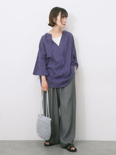 Samansa Mos2 blue「【Made in India】タッセル付ギャザーレースブラウス」|シャツ・ブラウス|