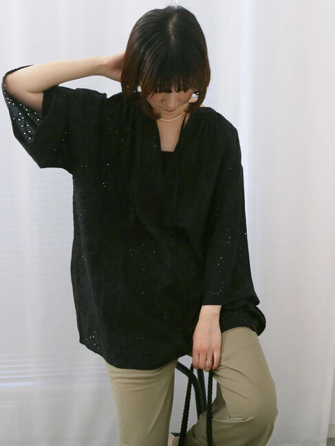 Samansa Mos2 blue「【Made in India】タッセル付ギャザーレースブラウス」|シャツ・ブラウス|