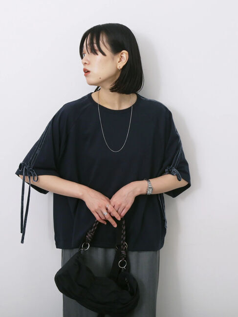 Samansa Mos2 blue「◎【接触冷感】ベロアラインリボンTシャツ」|Tシャツ・カットソー|