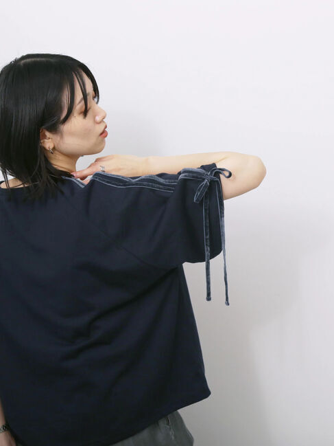 Samansa Mos2 blue「◎【接触冷感】ベロアラインリボンTシャツ」|Tシャツ・カットソー|