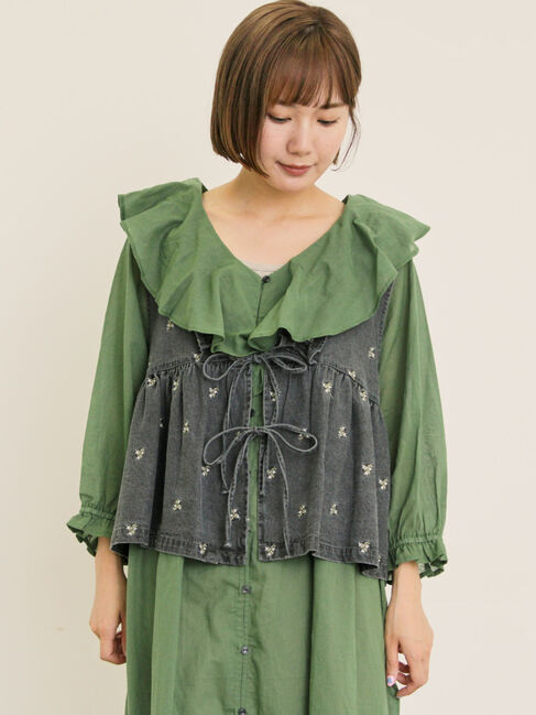 Samansa Mos2「刺繍デニムベスト」|ダウンベスト・ベスト|