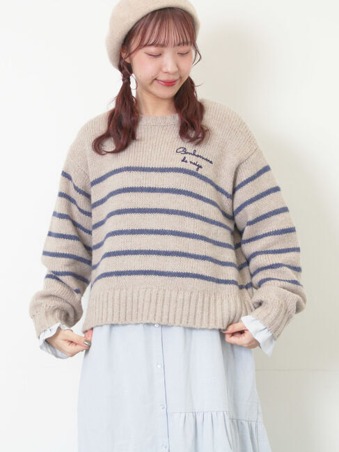 Samansa Mos2「ロゴ刺繍パネルボーダーニット」|ニット・セーター|