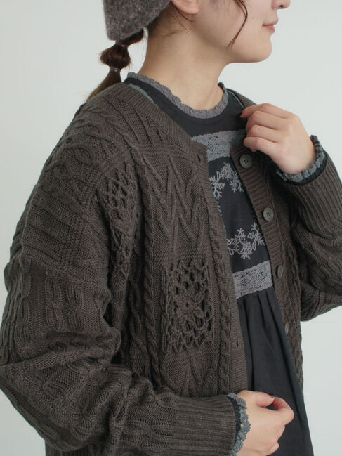 Samansa Mos2「クロシェ風パッチワークニットカーディガン」|カーディガン|ダークブラウン