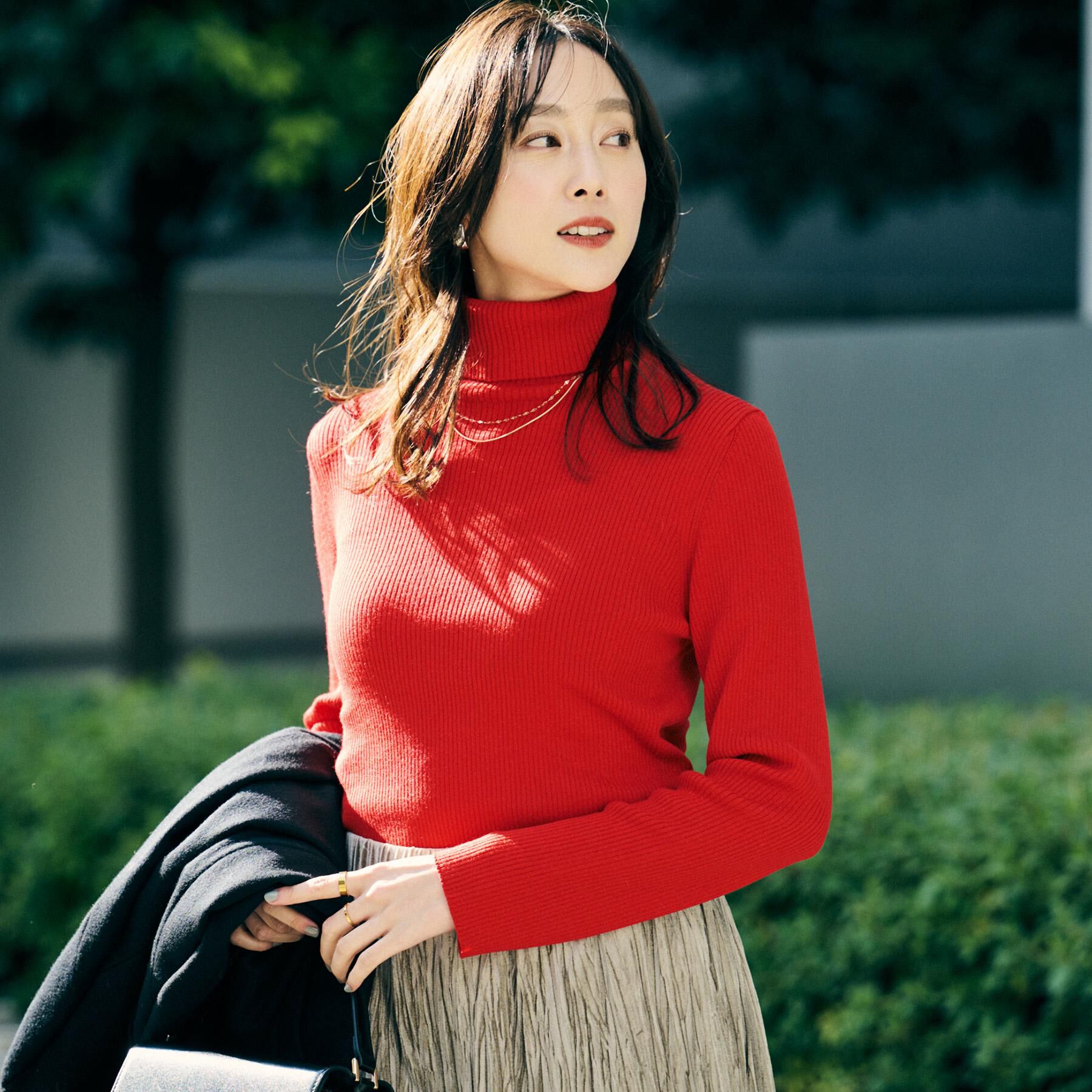 UNTITLED「【洗える/アンサンブル可能/ウール100%】リブタートルネックウールニット」|ニット・セーター|レッド(062)