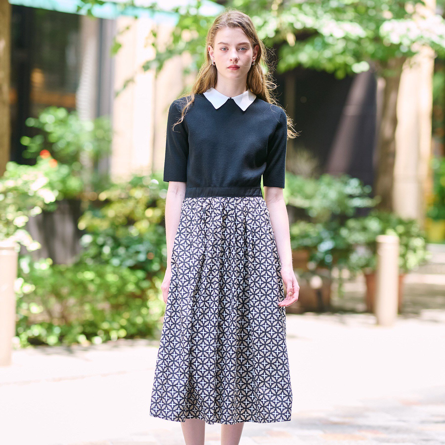 DRESSTERIOR「【ウォッシャブル】オーバーラップバイカラーニットコンビワンピース」|ワンピース|